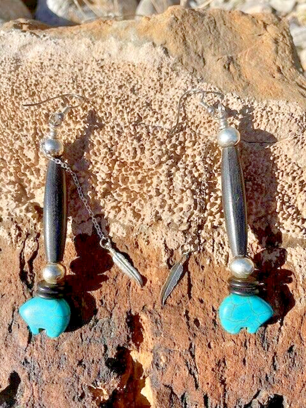 Native American Bear Earrings 3.75" Buffalo Horn, Beaded, Made by Elaine Shelby
